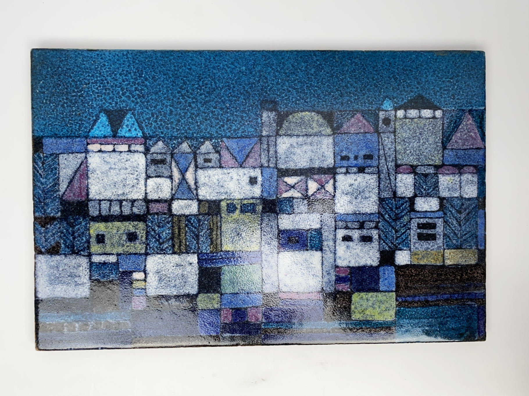 Wall Plate, Mural, Ceramic, Earthenware, Unique Piece, City Panorama, painted with colored Glazes, by Wilhelm & Elly Kuch, 1968