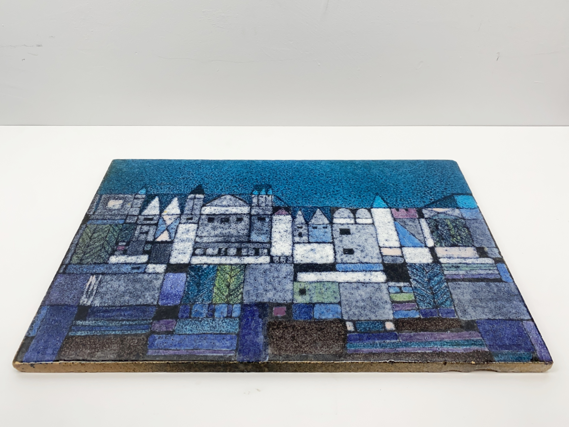 Wall Plate, Mural, Ceramic, Earthenware, Unique Piece, City Panorama, painted with colored Glazes, by Wilhelm & Elly Kuch, 1968