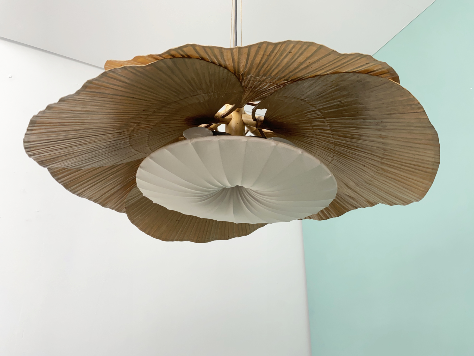 “SOLD” Hana I Uchiwa Series Bamboo Chandelier with 6 Leaves by Ingo Maurer, Design M, Germany, 1970s