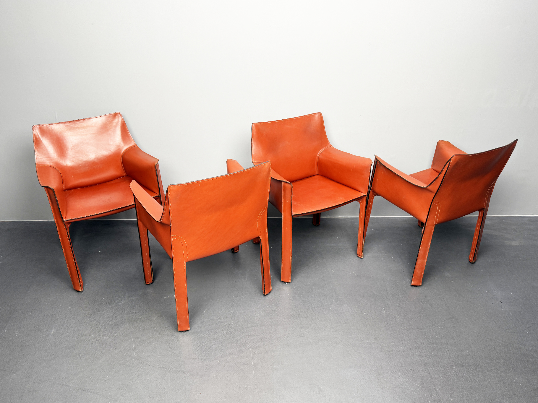 4er Set Sessel Stuhl CAB 413, Cognac Braunes Leder von Mario Bellini für Cassina, Italien, 1970er