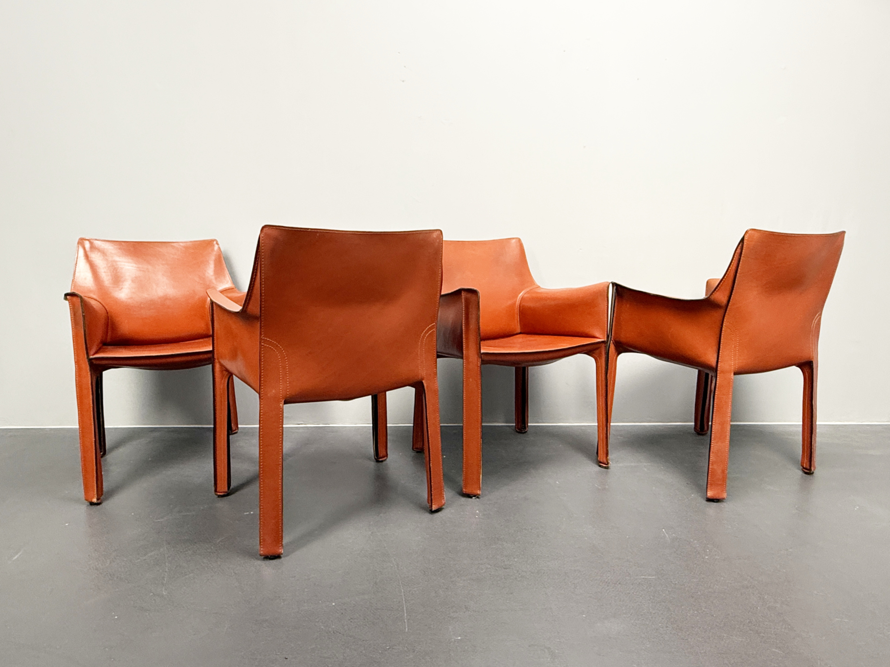 Set of 4 Armchairs Cab 413, Cognac Brown Leather by Mario Bellini for Cassina, Italy, 1970s