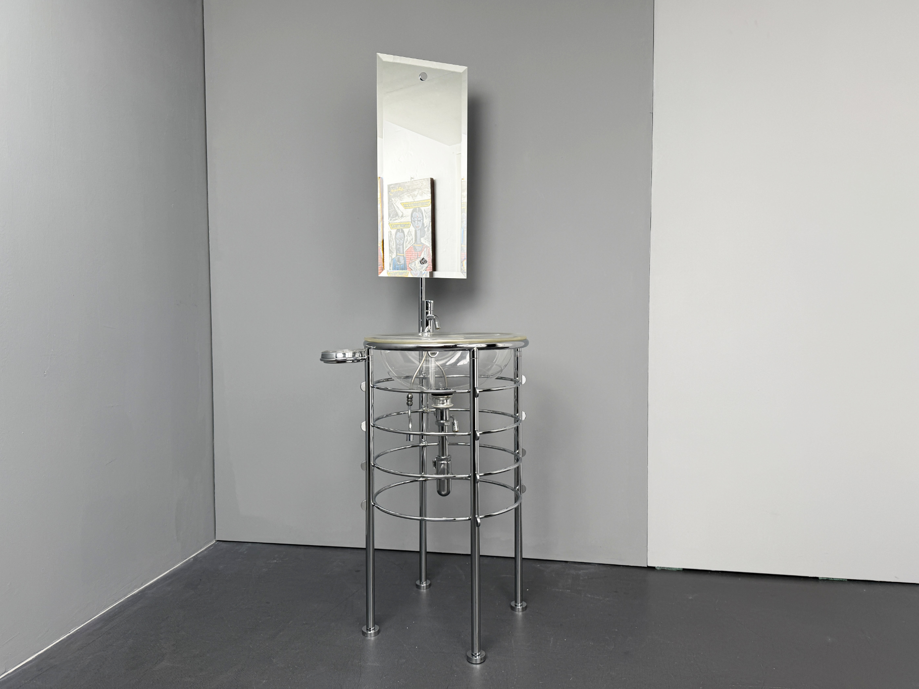 Rundes Stand Waschbecken mit Spiegel “Lola Herzberg“ aus Edelstahl von Philippe Starck für Rapsel, Italien, 1980er
