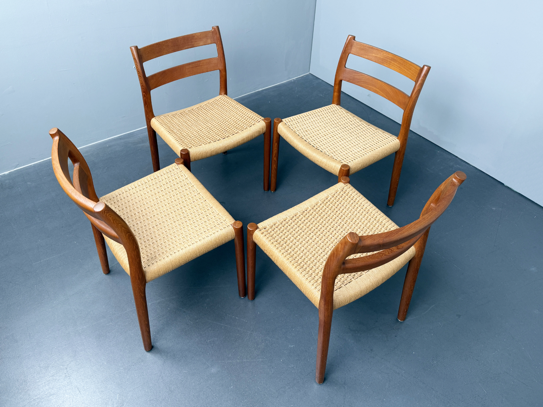 Set of 4 Dining Chairs, Model 84, made of solid Teak and Paper Cord, by Niels Otto Møller for JL Møllers, Denmark, 1970s